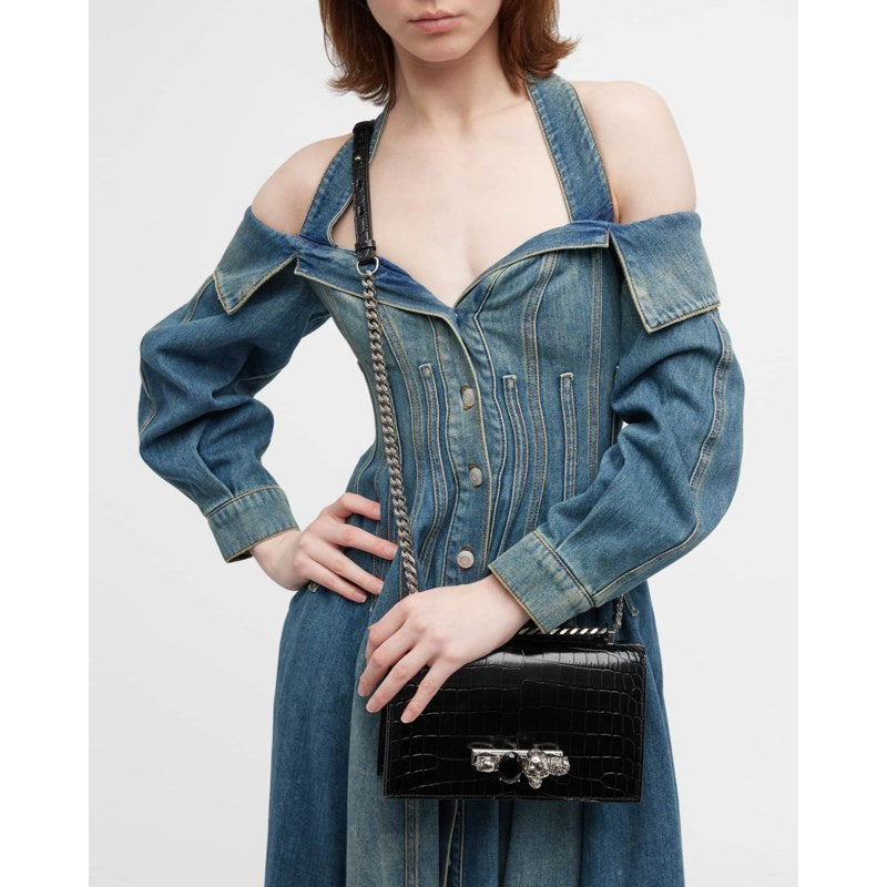 Bolsa Shoulder Shiny Croc-Embossed Jeweled