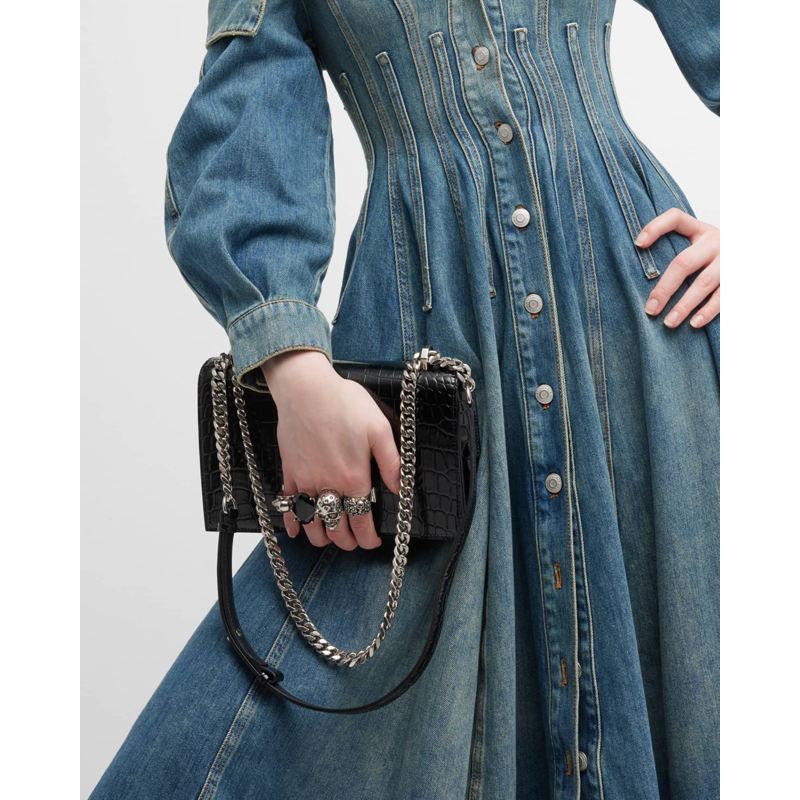 Bolsa Shoulder Shiny Croc-Embossed Jeweled
