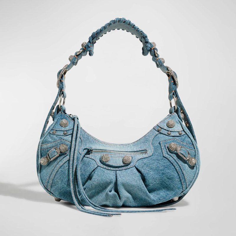 Bolsa Shoulder Le Cagole Small Denim with Rhinestones - Mercado de Luxo - O Maior E-Commerce de Bens, Produtos e Serviços de Luxo do Brasil.