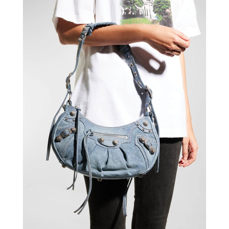 Bolsa Shoulder Le Cagole Small Denim with Rhinestones