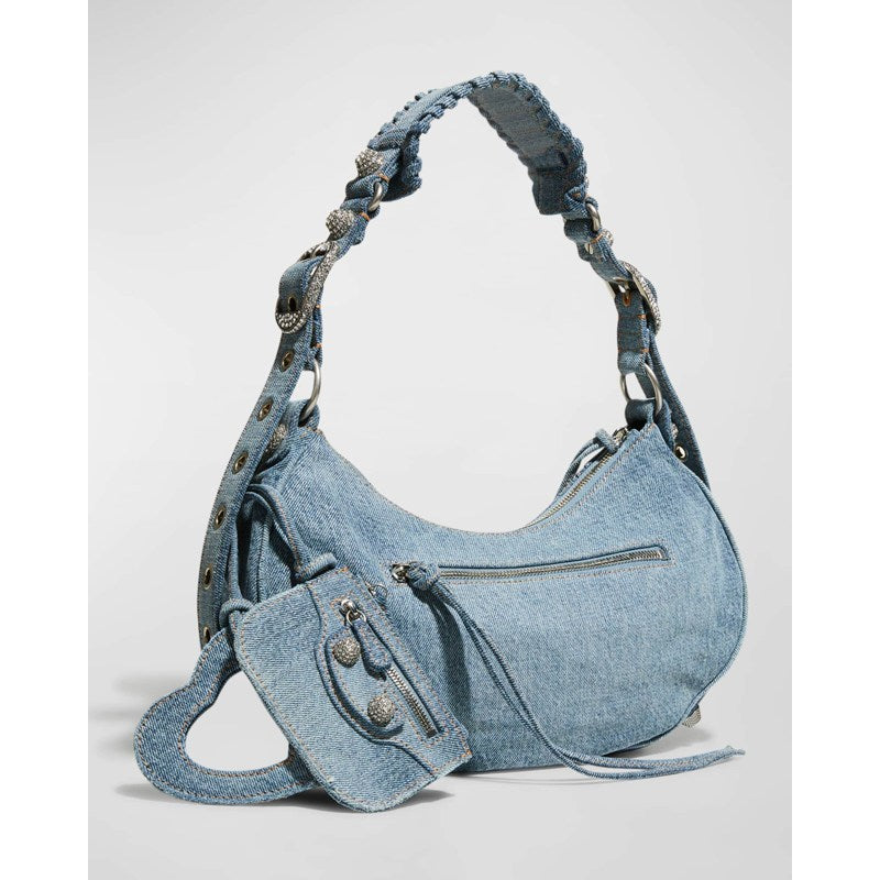 Bolsa Shoulder Le Cagole Small Denim with Rhinestones