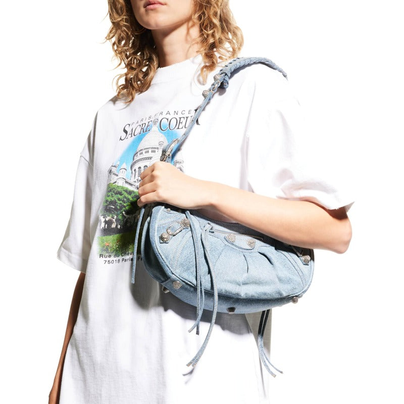 Bolsa Shoulder Le Cagole Small Denim with Rhinestones