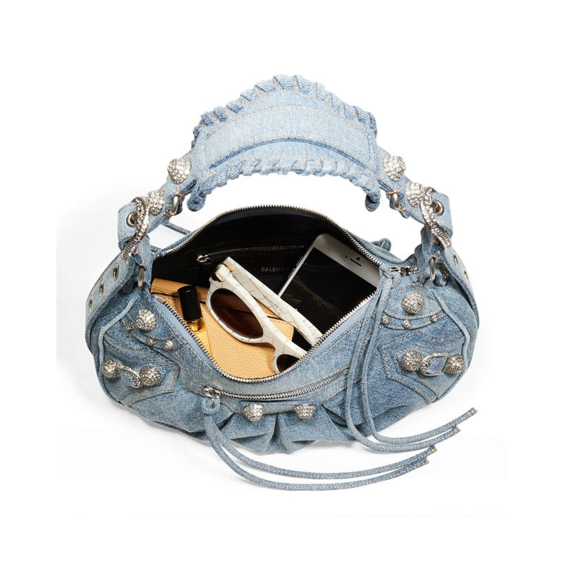 Bolsa Shoulder Le Cagole Small Denim with Rhinestones