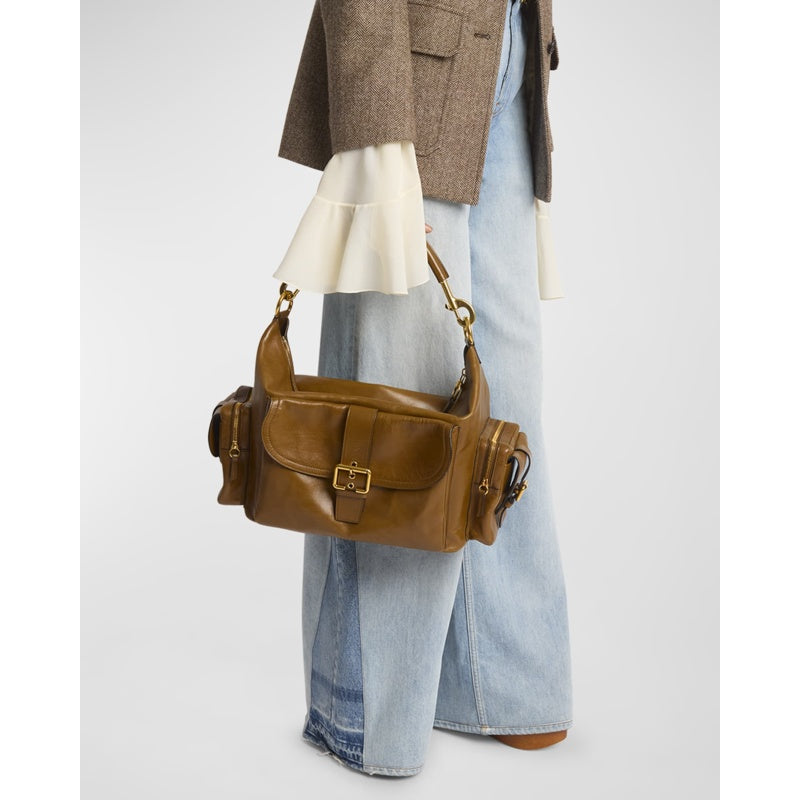 Bolsa Shoulder Camera Large in Natural Shiny Calfskin