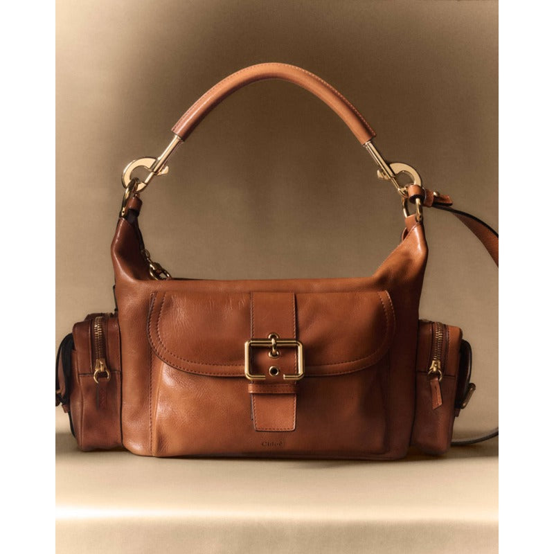 Bolsa Shoulder Camera Medium in Natural Shiny Calfskin