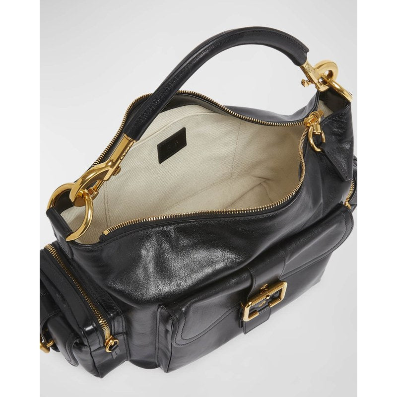 Bolsa Shoulder Camera Medium in Natural Shiny Calfskin