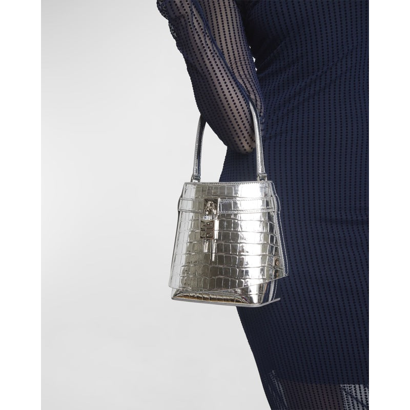 Bolsa Bucket Shark Lock in Metallic Croc-Embossed