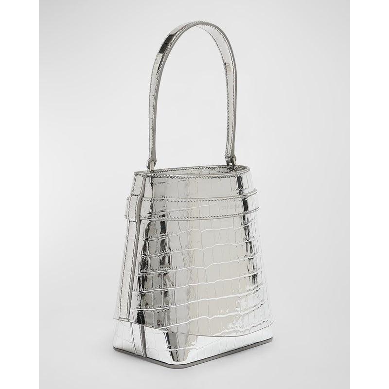 Bolsa Bucket Shark Lock in Metallic Croc-Embossed