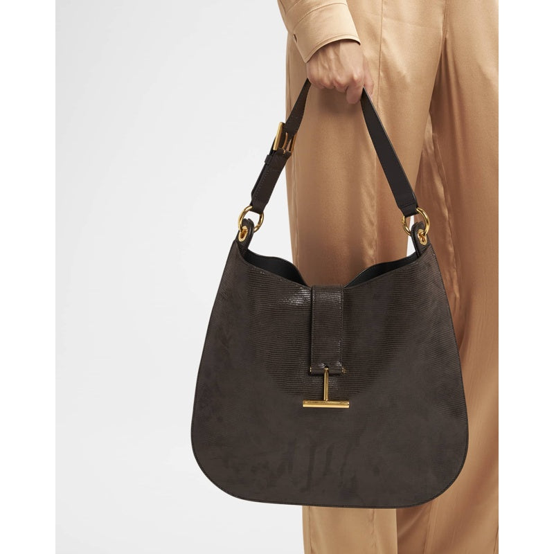 Bolsa Crossbody Tara Large in Lizard-Embossed Suede