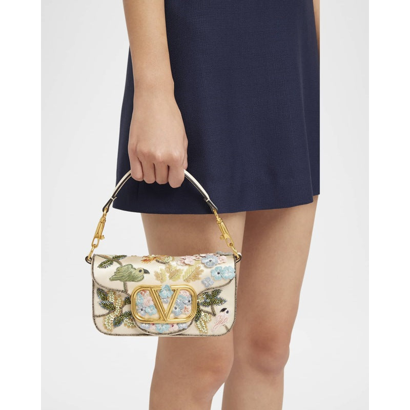 Bolsa Shoulder Loco Small Flower Bird Beaded Satin