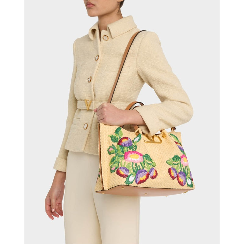 Bolsa Shopper Floral Embroidered Raffia Medium