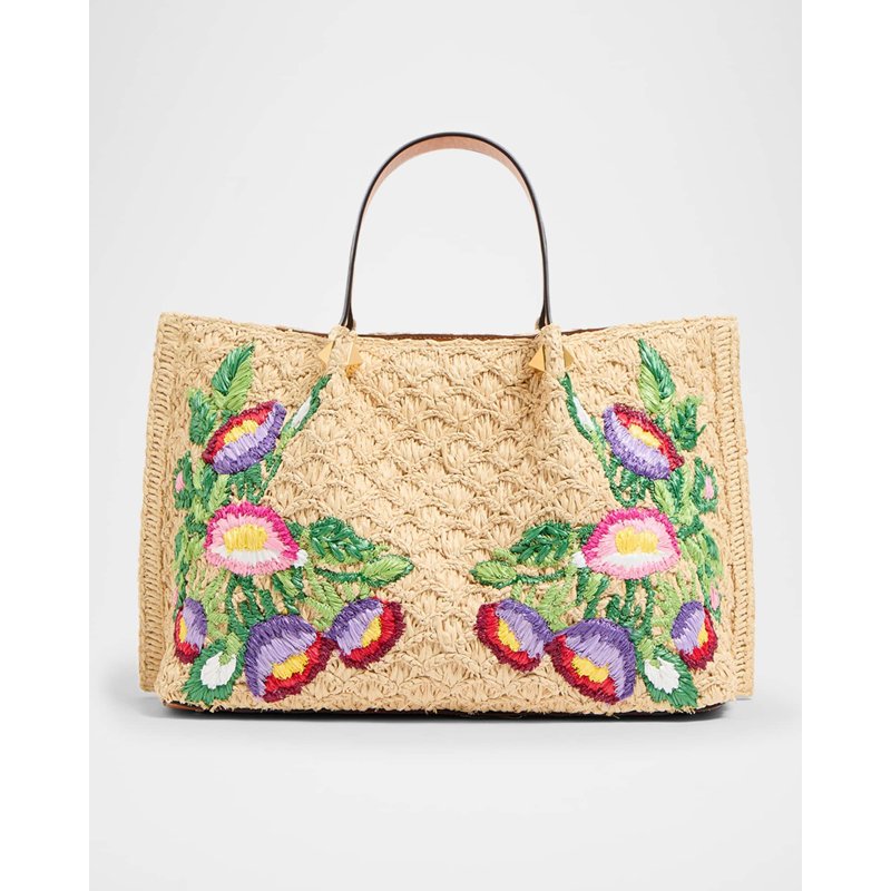 Bolsa Shopper Floral Embroidered Raffia Medium