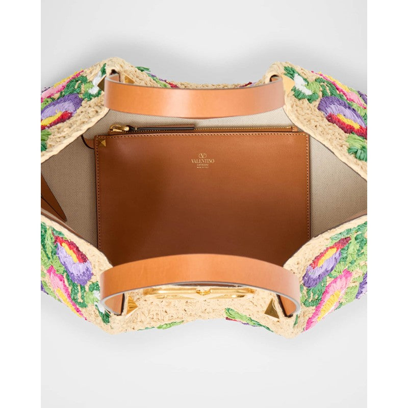 Bolsa Shopper Floral Embroidered Raffia Medium