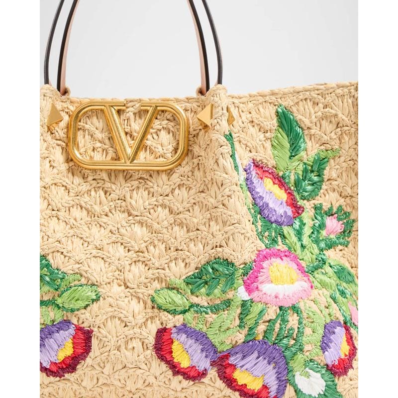 Bolsa Shopper Floral Embroidered Raffia Medium