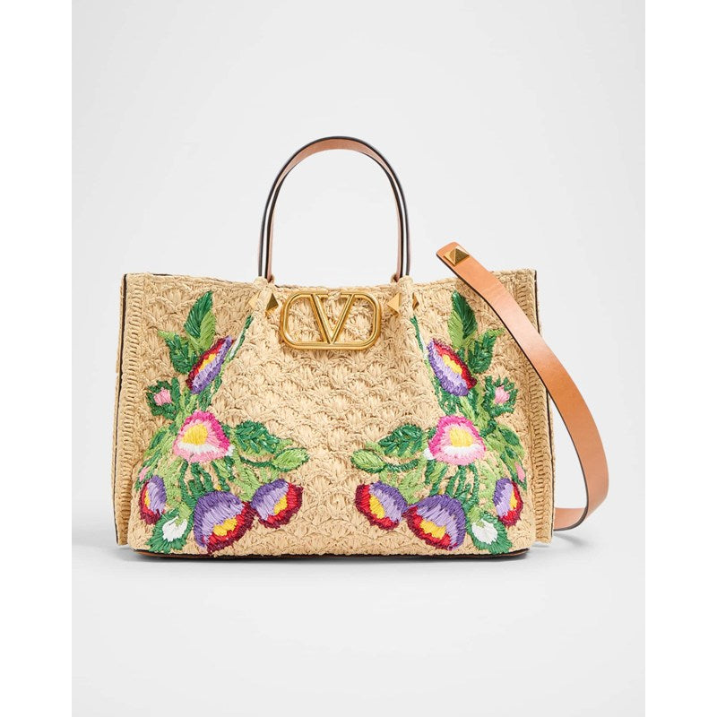 Bolsa Shopper Floral Embroidered Raffia Medium