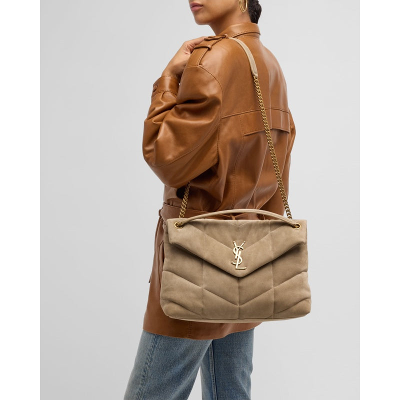 Bolsa Shoulder Lou Puffer Medium YSL in Quilted Suede