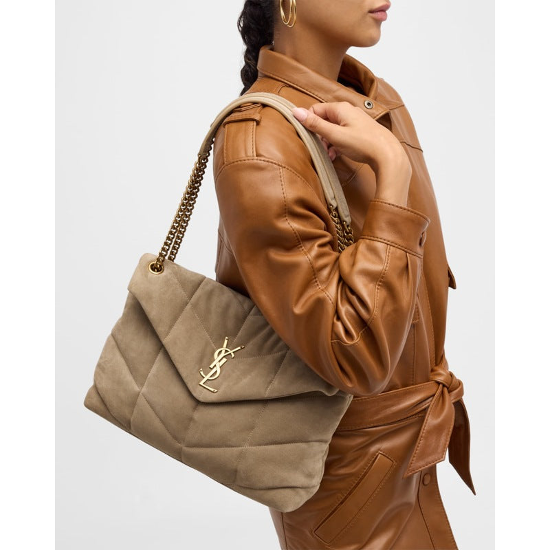 Bolsa Shoulder Lou Puffer Medium YSL in Quilted Suede