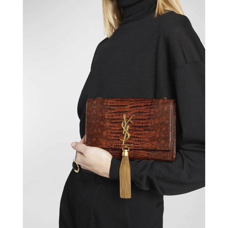 Bolsa Crossbody Kate Small Tassel YSL on Chain in Lizard-Embossed