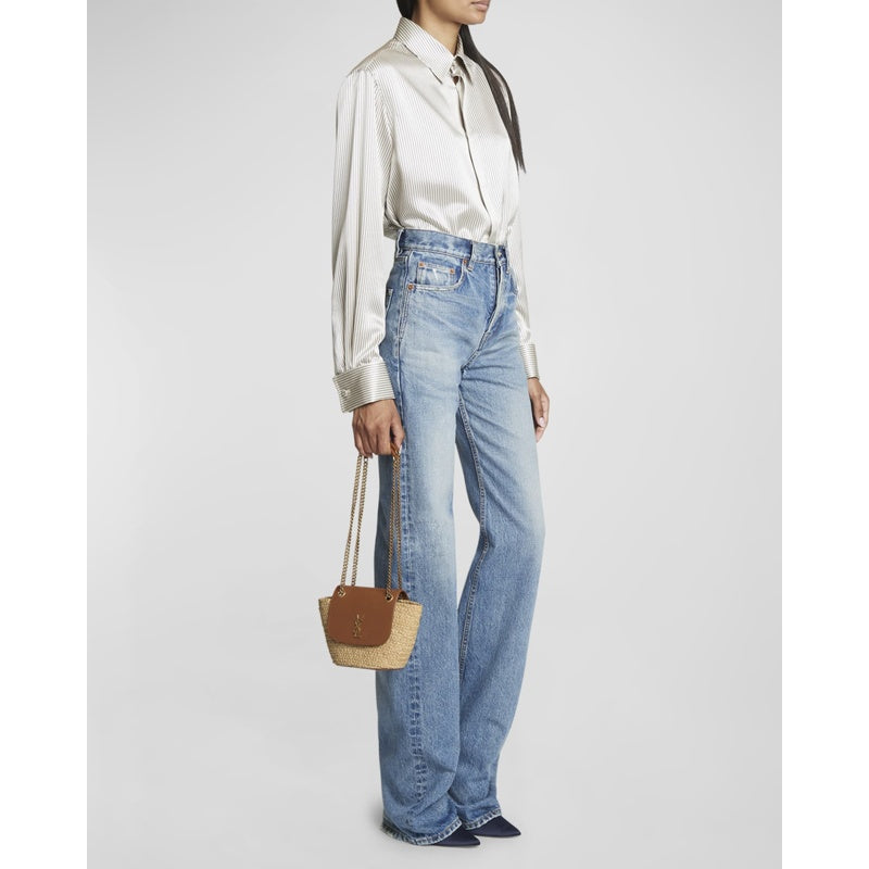 Bolsa Shopper Panier Mini YSL Flap Basket in Raffia