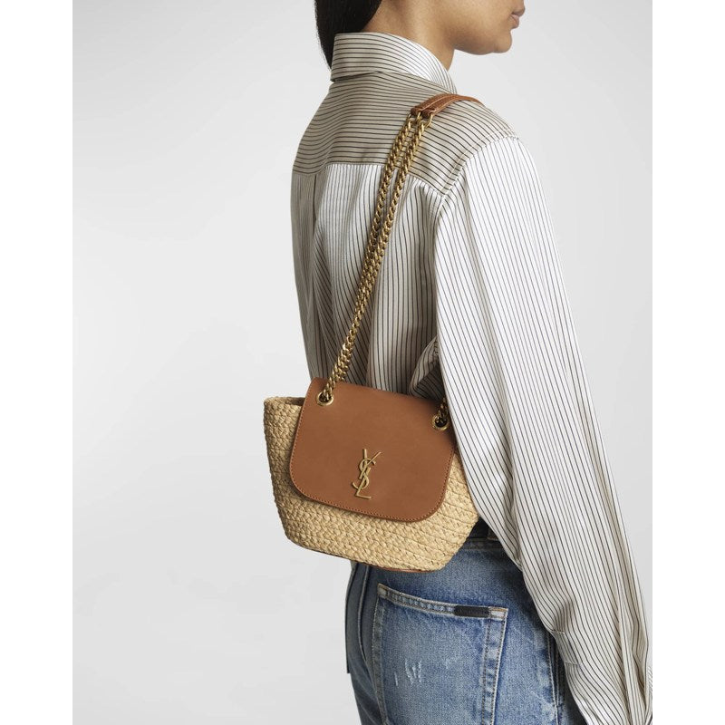 Bolsa Shopper Panier Mini YSL Flap Basket in Raffia