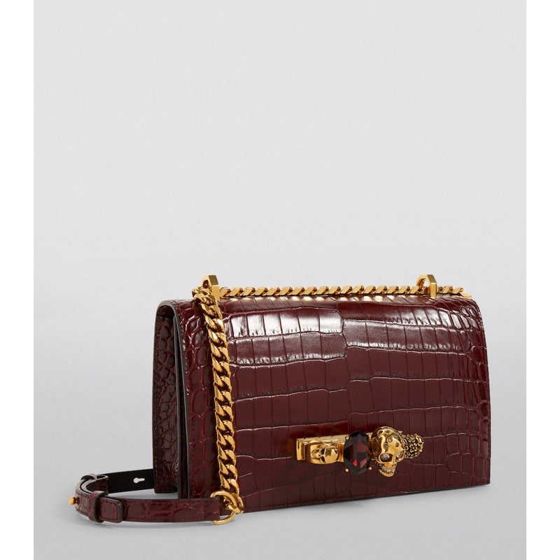 Bolsa Handle Medium Croc-Embossed Jewelled Satchel