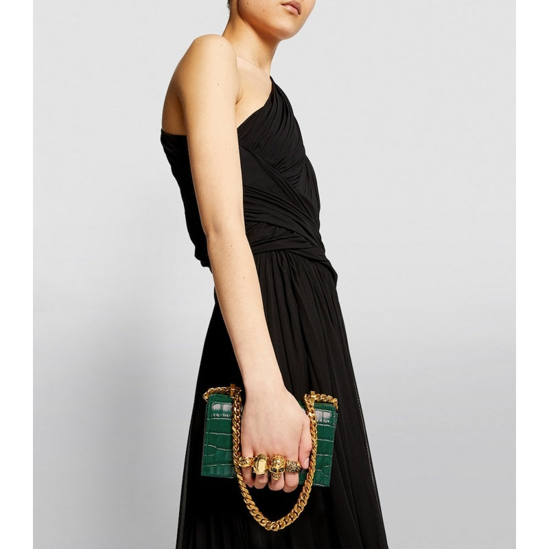 Bolsa Handle Small Croc-Embossed Jewelled Satchel