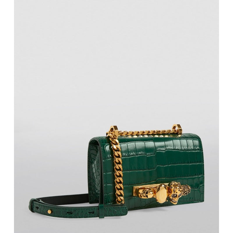 Bolsa Handle Small Croc-Embossed Jewelled Satchel