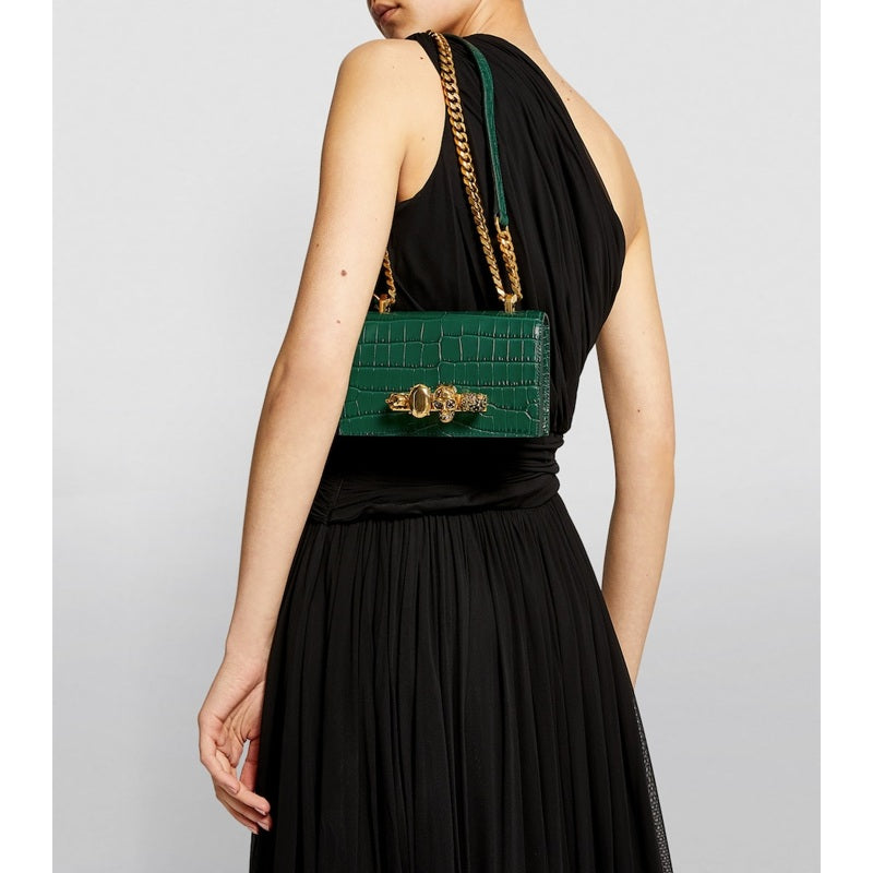 Bolsa Handle Small Croc-Embossed Jewelled Satchel