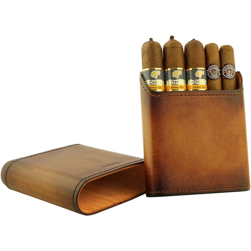 Estojo de couro genuíno vintage 3-5 charutos marrom - Mercado de Luxo - O Maior E-Commerce de Bens, Produtos e Serviços de Luxo do Brasil.