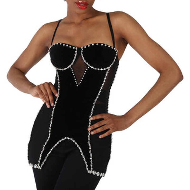 Corset em malha elástica e cristais de veludo