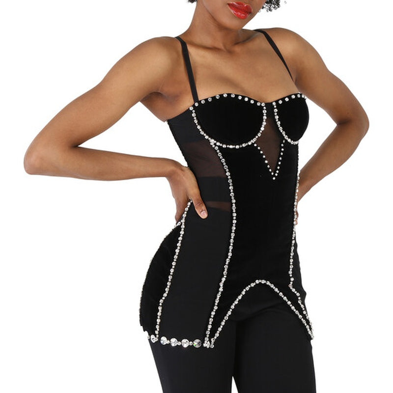 Corset em malha elástica e cristais de veludo