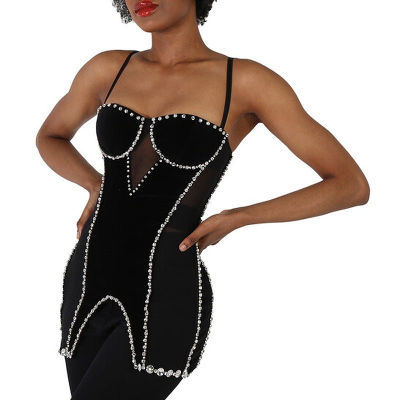 Corset em malha elástica e cristais de veludo
