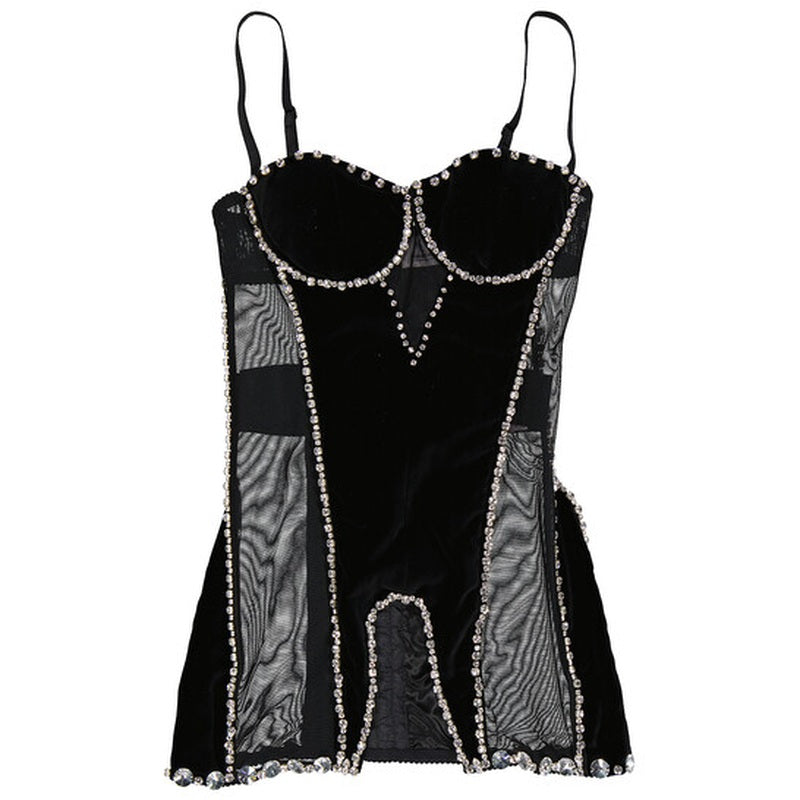 Corset em malha elástica e cristais de veludo