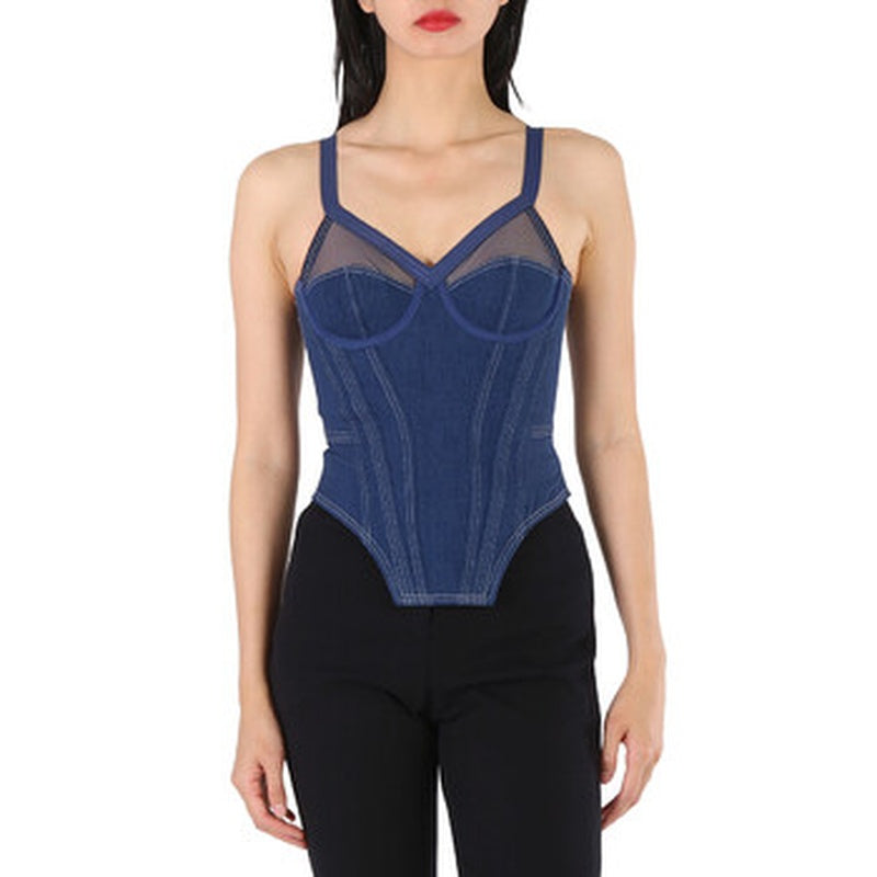 Corset jeans escuro de lona para mulheres