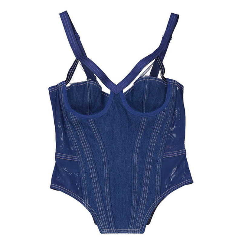 Corset jeans escuro de lona para mulheres