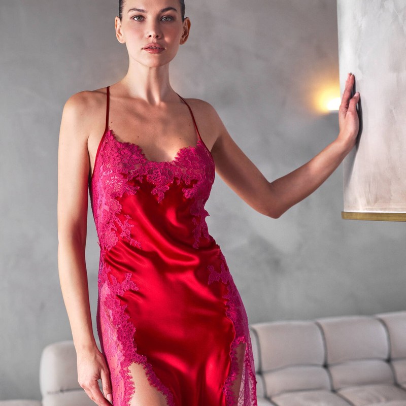 Lingerie Noturna Babydoll longo de Seda e Renda LHeure Venue Brooke Magenta