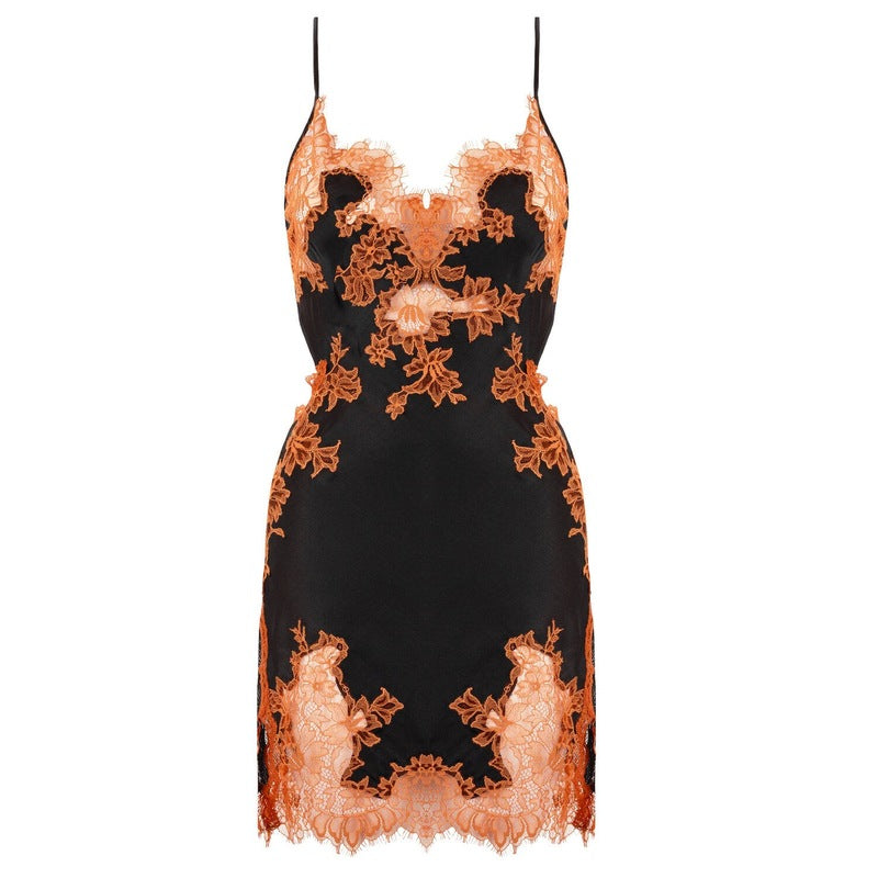 Lingerie Noturna Babydoll curto de Seda e Renda Tamara Caramelo