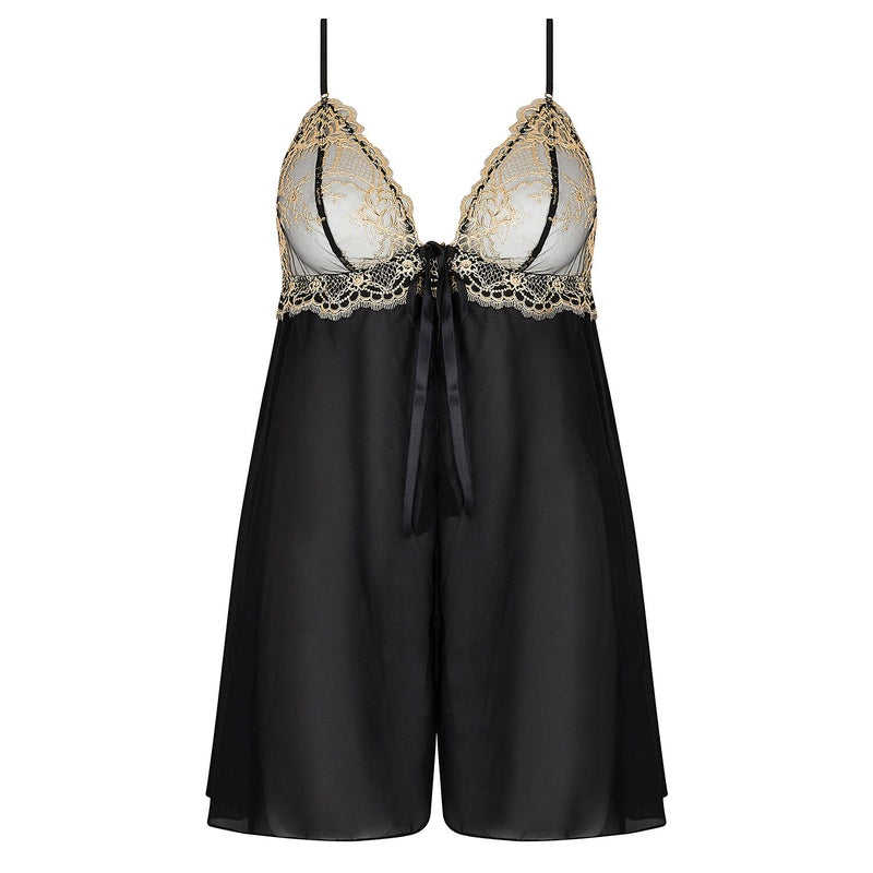 Lingerie Noturna Babydoll de Seda Sublime En Or Noir Éclat