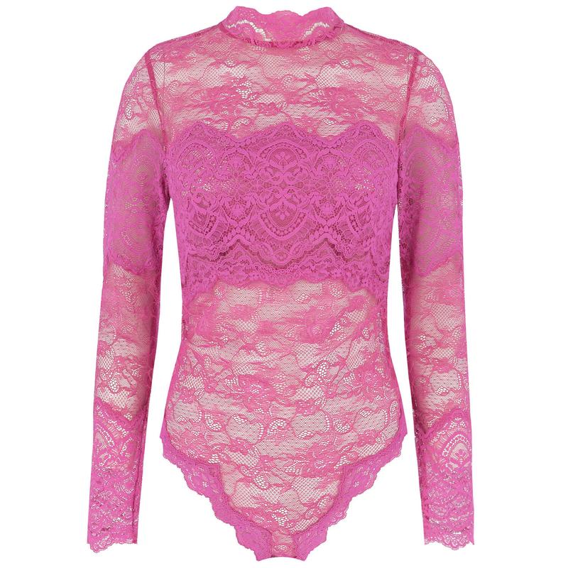 Body Fio Dental de Renda manga comprida Venus Fuchsia