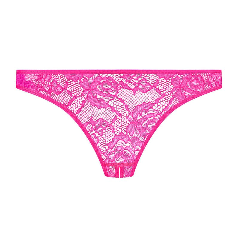 Calcinha Fio Dental aberta em Renda Flashback Néon Rose Fluo