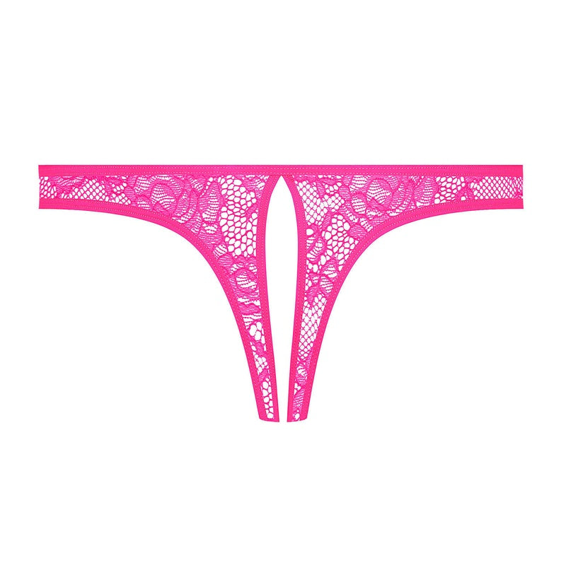 Calcinha Fio Dental aberta em Renda Flashback Néon Rose Fluo
