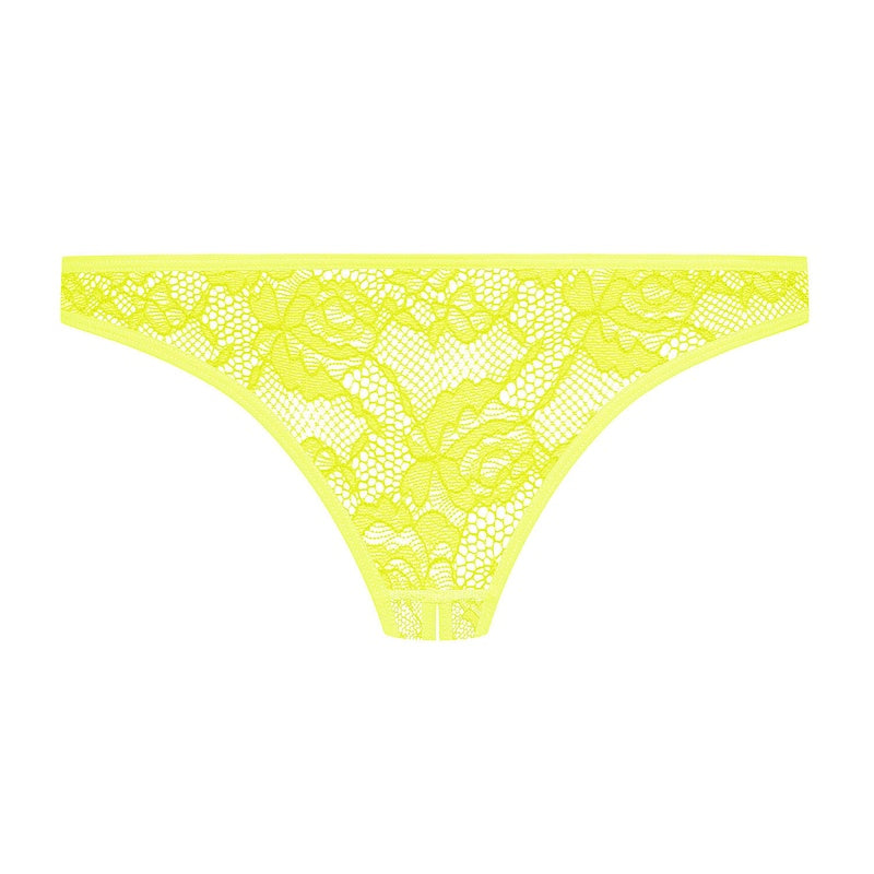 Calcinha Fio Dental aberta em Renda Flashback Néon Jaune Fluo