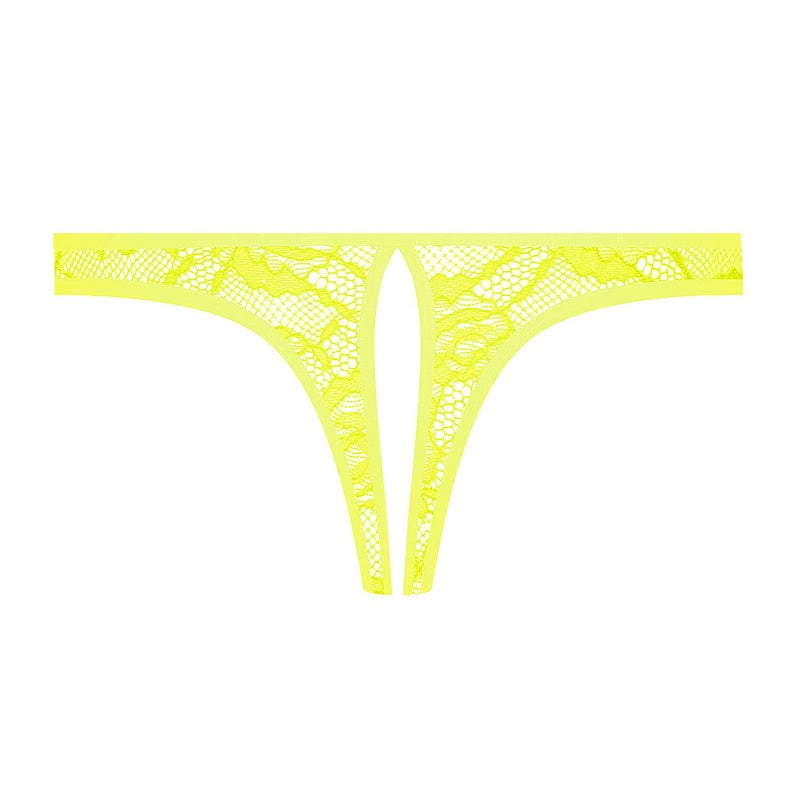 Calcinha Fio Dental aberta em Renda Flashback Néon Jaune Fluo