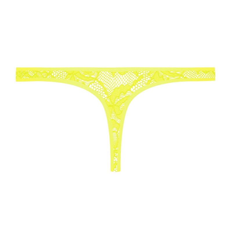 Calcinha Fio Dental de Renda Flashback Néon Jaune Fluo