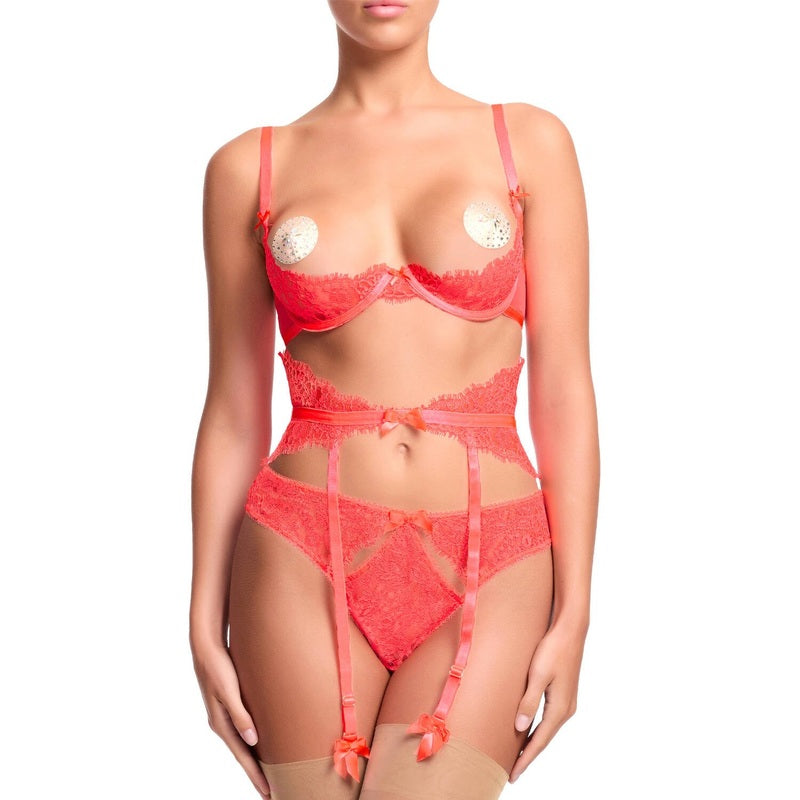 Calcinha aberta de Renda Von Follies Seduca Neon Coral