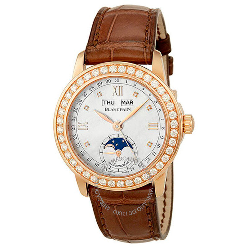 Relógio Leman Moonphase Madrepérola Mostrador Ouro Rosa 18k Couro Marrom Diamante 34 mm - Mercado de Luxo - O Maior E-Commerce de Bens, Produtos e Serviços de Luxo do Brasil.