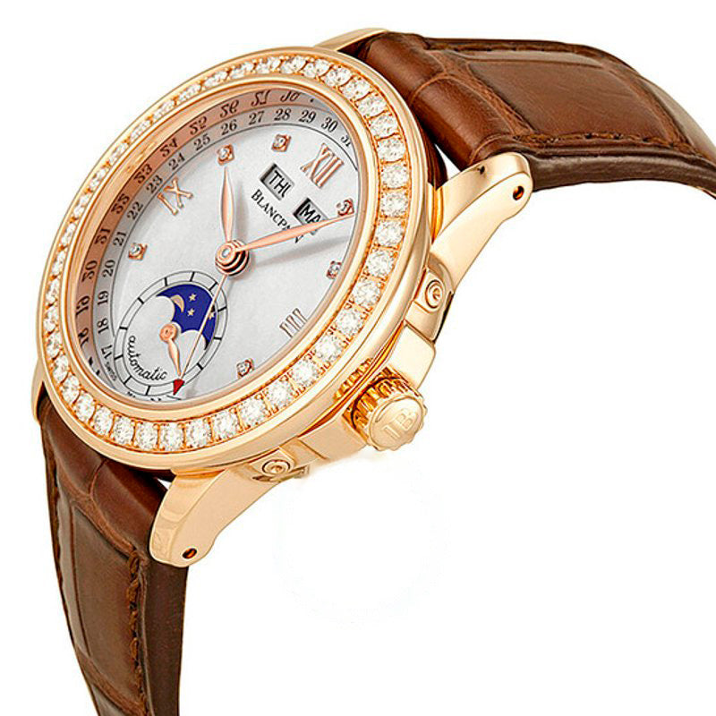 Relógio Leman Moonphase Madrepérola Mostrador Ouro Rosa 18k Couro Marrom Diamante 34 mm - Mercado de Luxo - O Maior E-Commerce de Bens, Produtos e Serviços de Luxo do Brasil.