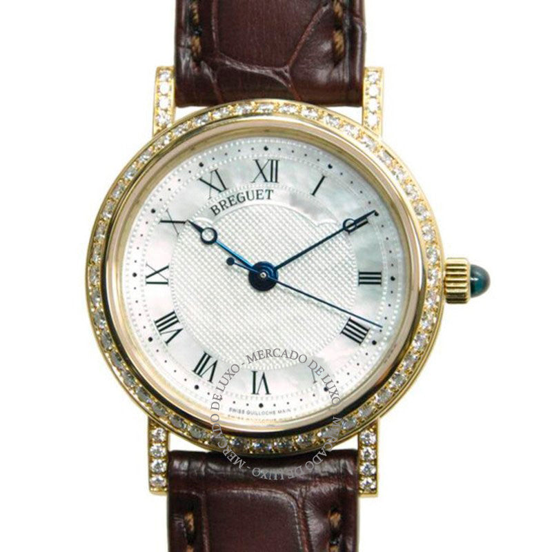 Relógio Clássico Mostrador Madrepérola Ouro Amarelo 18k Diamante Couro Preto 30 mm - Mercado de Luxo - O Maior E-Commerce de Bens, Produtos e Serviços de Luxo do Brasil.