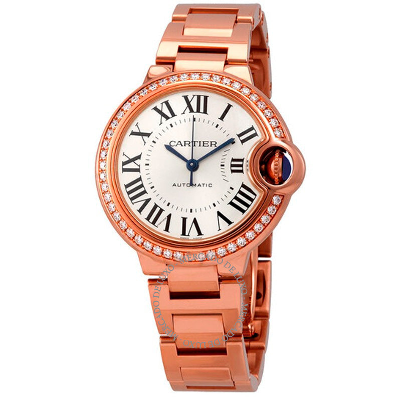Relógio Ballon Bleu automático com mostrador prateado e diamantes em ouro rosa 18k 33 mm - Mercado de Luxo - O Maior E-Commerce de Bens, Produtos e Serviços de Luxo do Brasil.