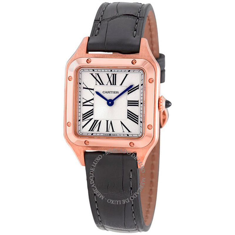 Relógio Santos-Dumont Mostrador Prata Ouro Rosa 18k 27 mm - Mercado de Luxo - O Maior E-Commerce de Bens, Produtos e Serviços de Luxo do Brasil.
